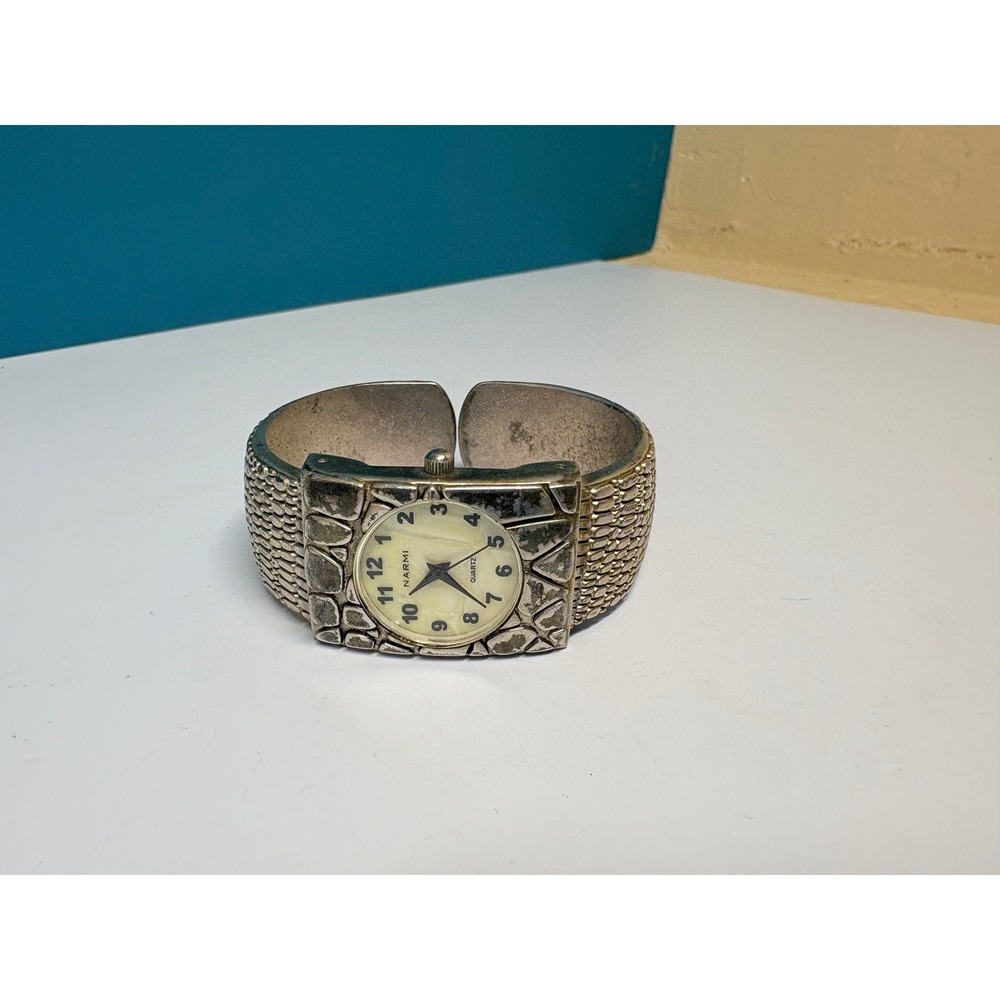Narmi Quartz Cuff Watch Silver Tone Textured Reptile Mosaic Statement Bangle